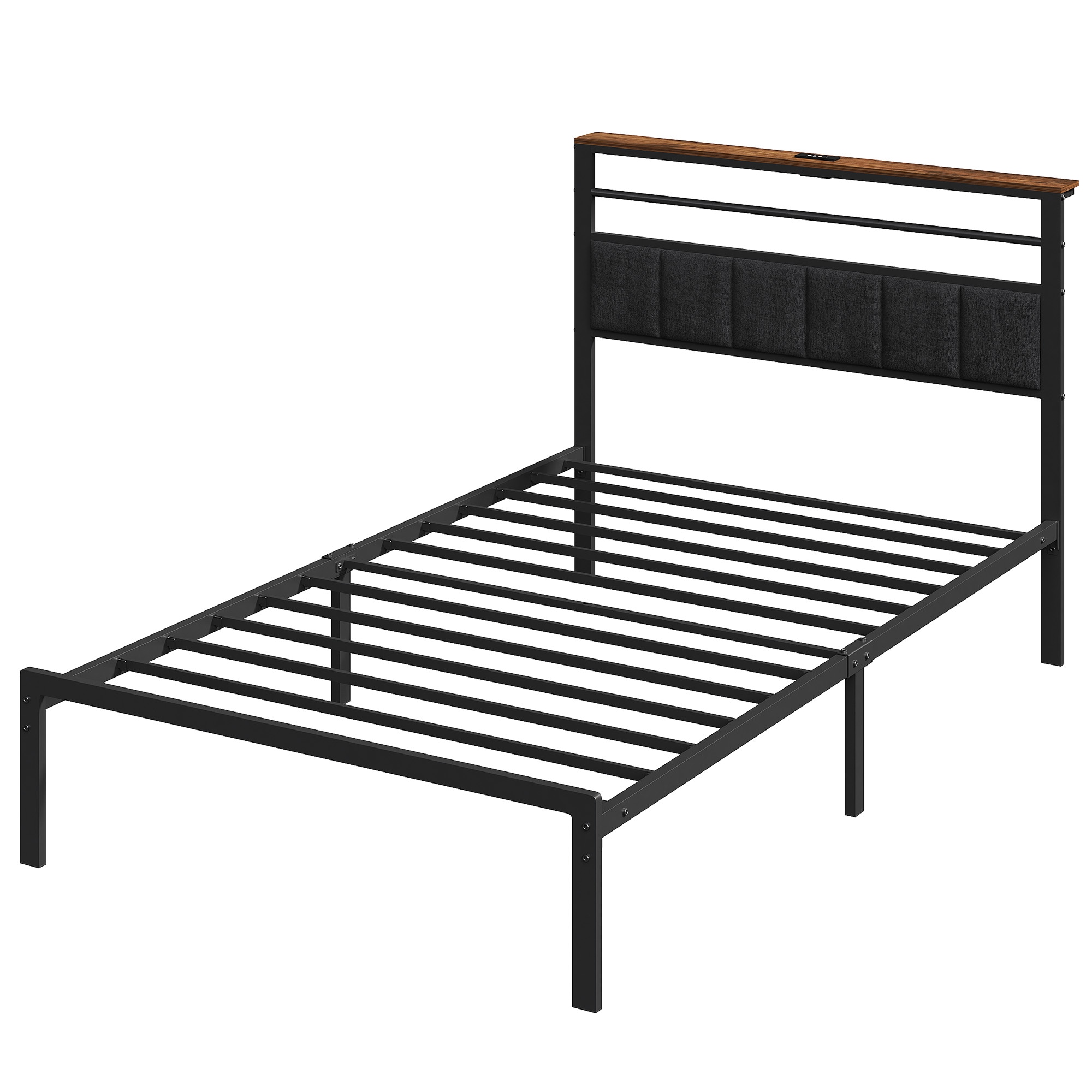 Twin Platform Bed Frame With Charging Station And Storage Headboard_voghion.com